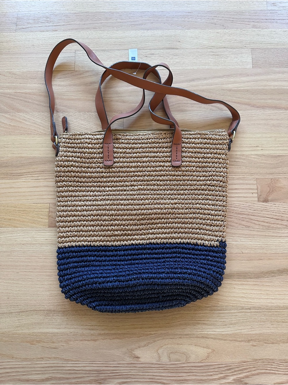 GAP Two-Tone Woven Tote in Tan and Navy with Brown Straps